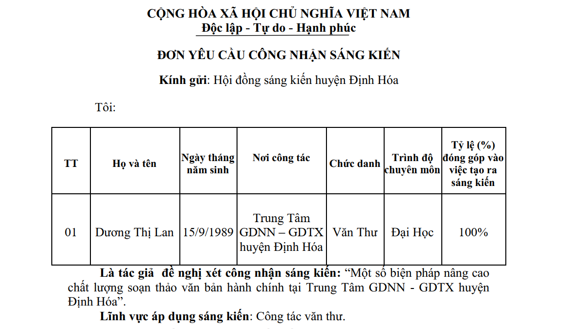 “Một số biện pháp nâng cao chất lượng soạn thảo văn bản hành chính tại Trung Tâm GDNN - GDTX huyện Định Hóa