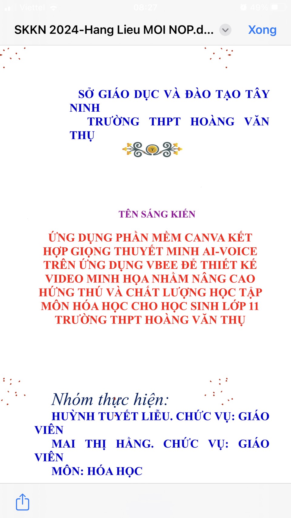 Ứng dụng phần mềm Canva kết hợp giọng thuyết minh AI - Voice trên ứng dụng VBee để thiết kế Video minh họa nhằm nâng cao hứng thú và chất lượng học tập môn Hóa học cho học sinh lớp 11 trường THPT Hoàng Văn Thụ