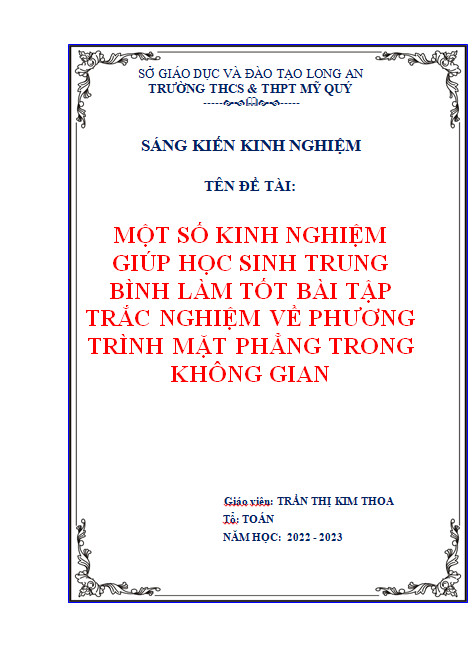 Một số kinh nghiệm giúp học sinh trung bình làm tốt bài tập trắc nghiệm về phương trình mặt phẳng trong không gian