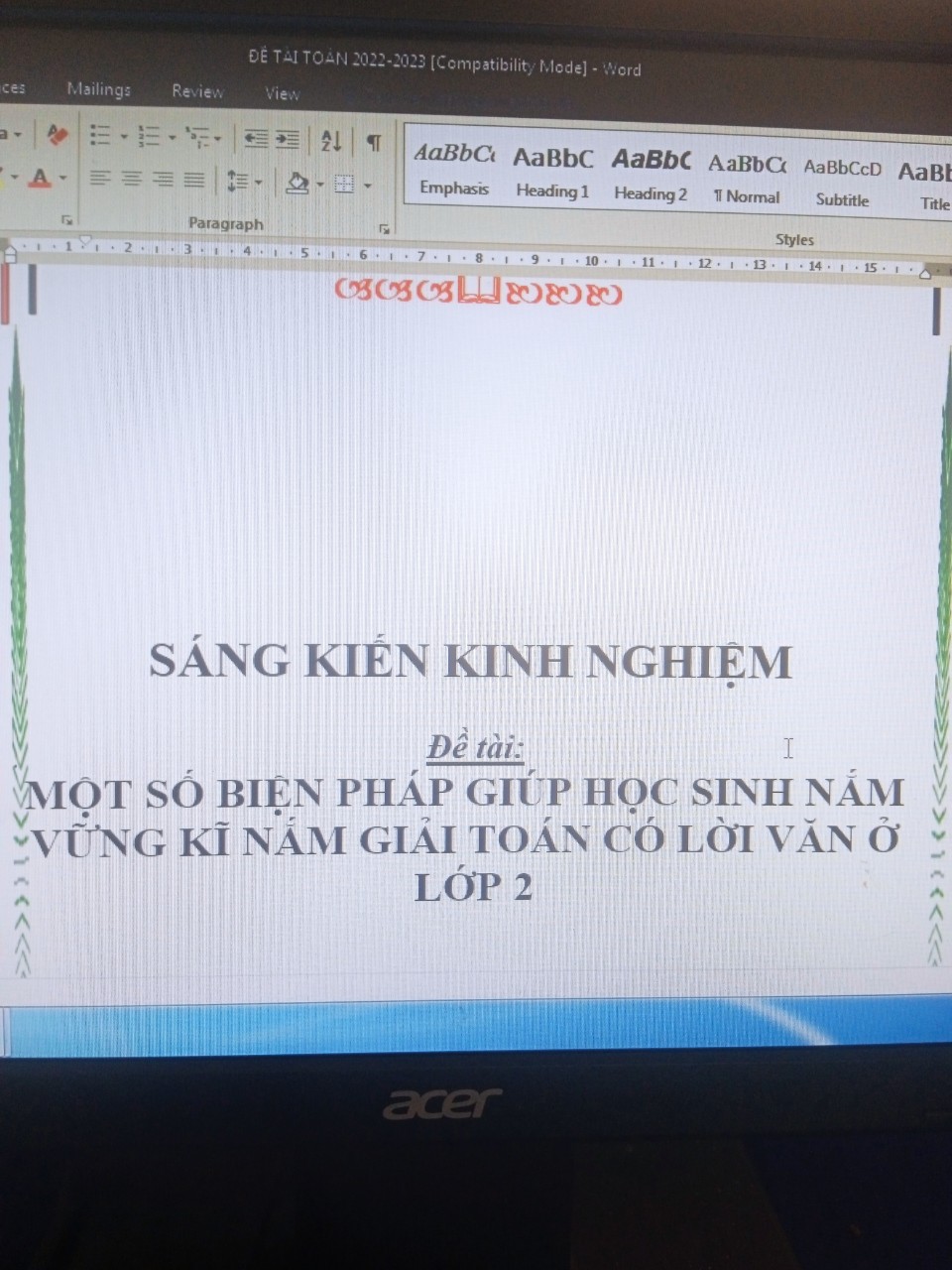 Đề tài: MỘT SỐ BIỆN PHÁP GIÚP HỌC SINH NẮM VỮNG KĨ NẮM GIẢI TOÁN CÓ LỜI VĂN Ở LỚP 2