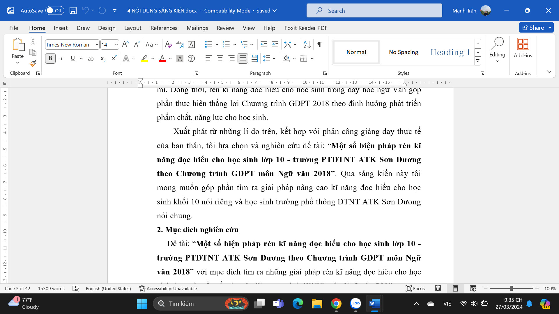 “Một số biện pháp rèn kĩ năng đọc hiểu cho học sinh lớp 10 - trường PTDTNT ATK Sơn Dương theo Chương trình GDPT môn Ngữ văn 2018”.