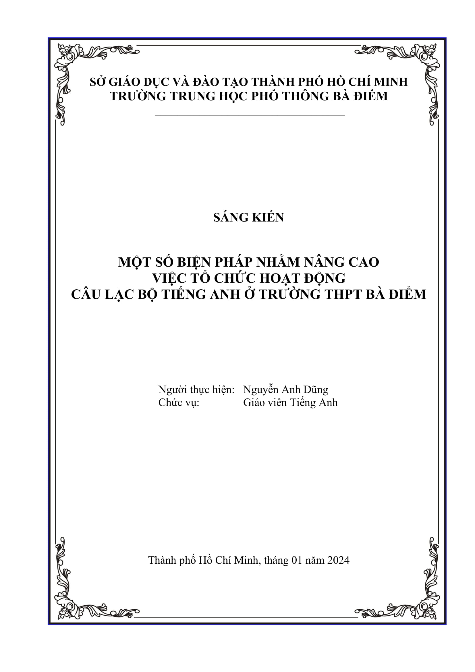 Một số biện pháp nhằm nâng cao việc tổ chức hoạt động Câu lạc bộ Tiếng Anh ở trường THPT Bà Điểm