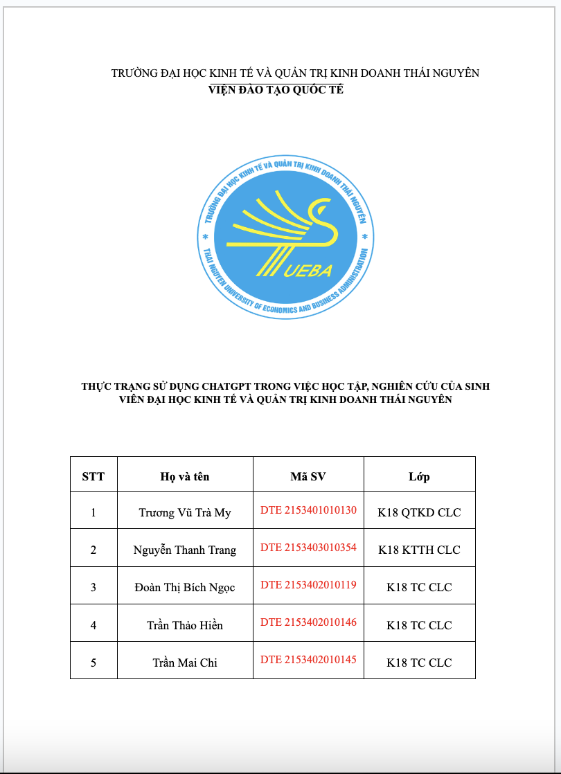 THỰC TRẠNG SỬ DỤNG CHATGPT TRONG VIỆC HỌC TẬP, NGHIÊN CỨU CỦA SINH VIÊN ĐẠI HỌC KINH TẾ VÀ QUẢN TRỊ KINH DOANH THÁI NGUYÊN