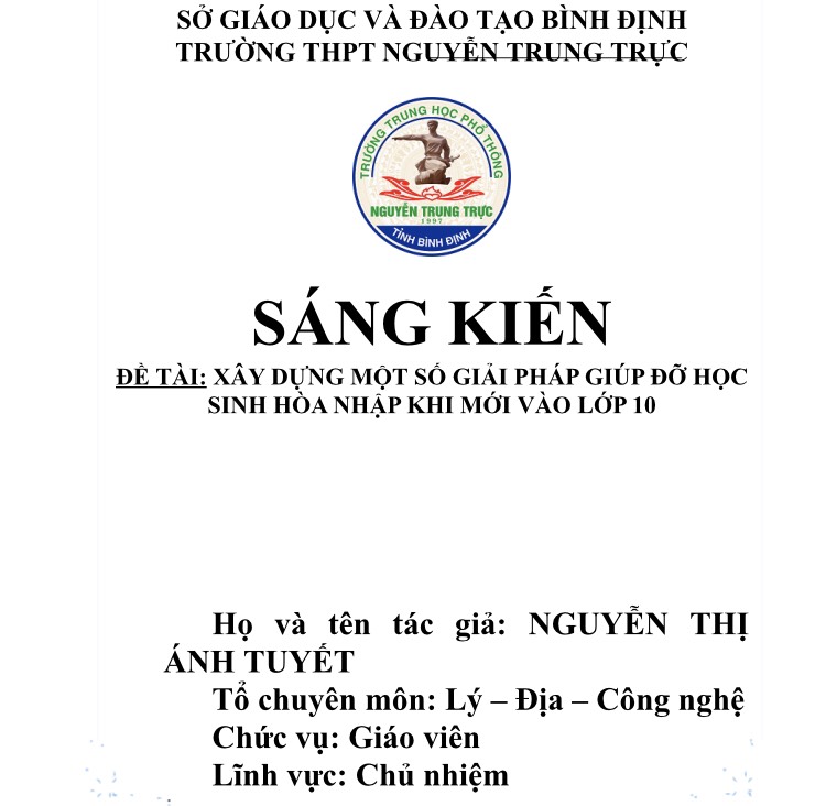 Xây dựng một số giải pháp giúp đỡ học sinh hòa nhập khi mới vào học lớp 10 trong công tác chủ nhiệm lớp