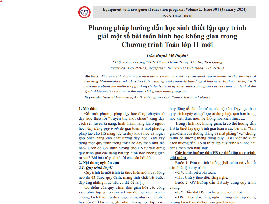 PHƯƠNG PHÁP HƯỚNG DẪN HS THIẾT LẬP QUY TRÌNH GIẢI  MỘT SỐ BÀI TOÁN HÌNH HỌC KHÔNG GIAN  TRONG CHƯƠNG TRÌNH TOÁN 11 MỚI