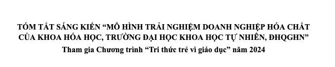 MÔ HÌNH TRẢI NGHIỆM DOANH NGHIỆP HÓA CHẤT CỦA KHOA HÓA HỌC, TRƯỜNG ĐẠI HỌC KHOA HỌC TỰ NHIÊN, ĐHQGHN