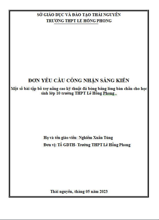 Một số bài tập bổ trợ nâng cao kỹ thuật đá bóng bằng lòng bàn chân cho học sinh lớp 10 trường THPT Lê Hồng Phong