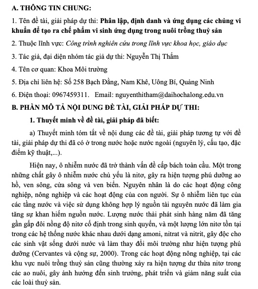 Phân lập, định danh và ứng dụng các chủng vi khuẩn để tạo ra chế phẩm vi sinh ứng dụng trong nuôi trồng thuỷ sản