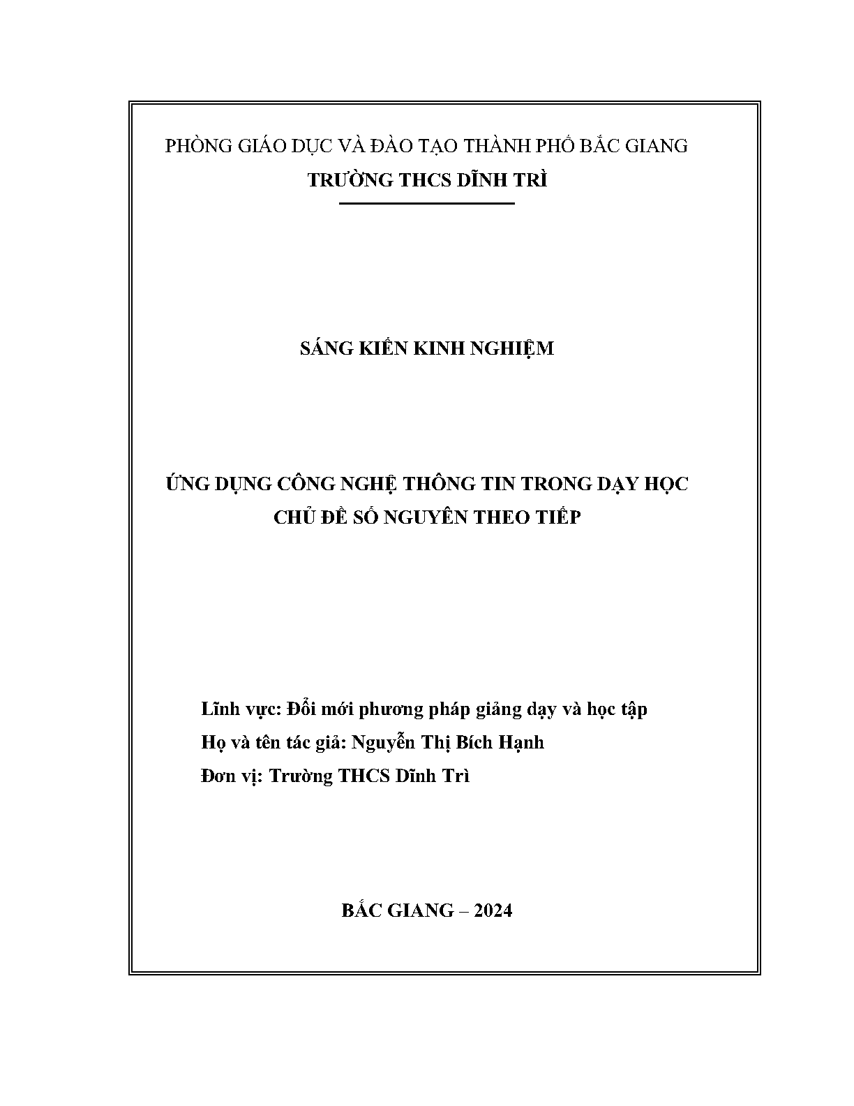 ỨNG DỤNG CÔNG NGHỆ THÔNG TIN TRONG DẠY HỌC CHỦ ĐỀ SỐ NGUYÊN THEO TIẾP CẬN  LỚP HỌC ĐẢO NGƯỢC CHO HỌC SINH LỚP 6