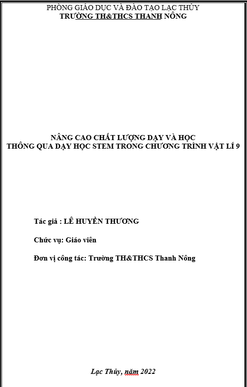 NÂNG CAO CHẤT LƯỢNG DẠY VÀ HỌC  THÔNG QUA DẠY HỌC STEM TRONG CHƯƠNG TRÌNH VẬT LÍ 9