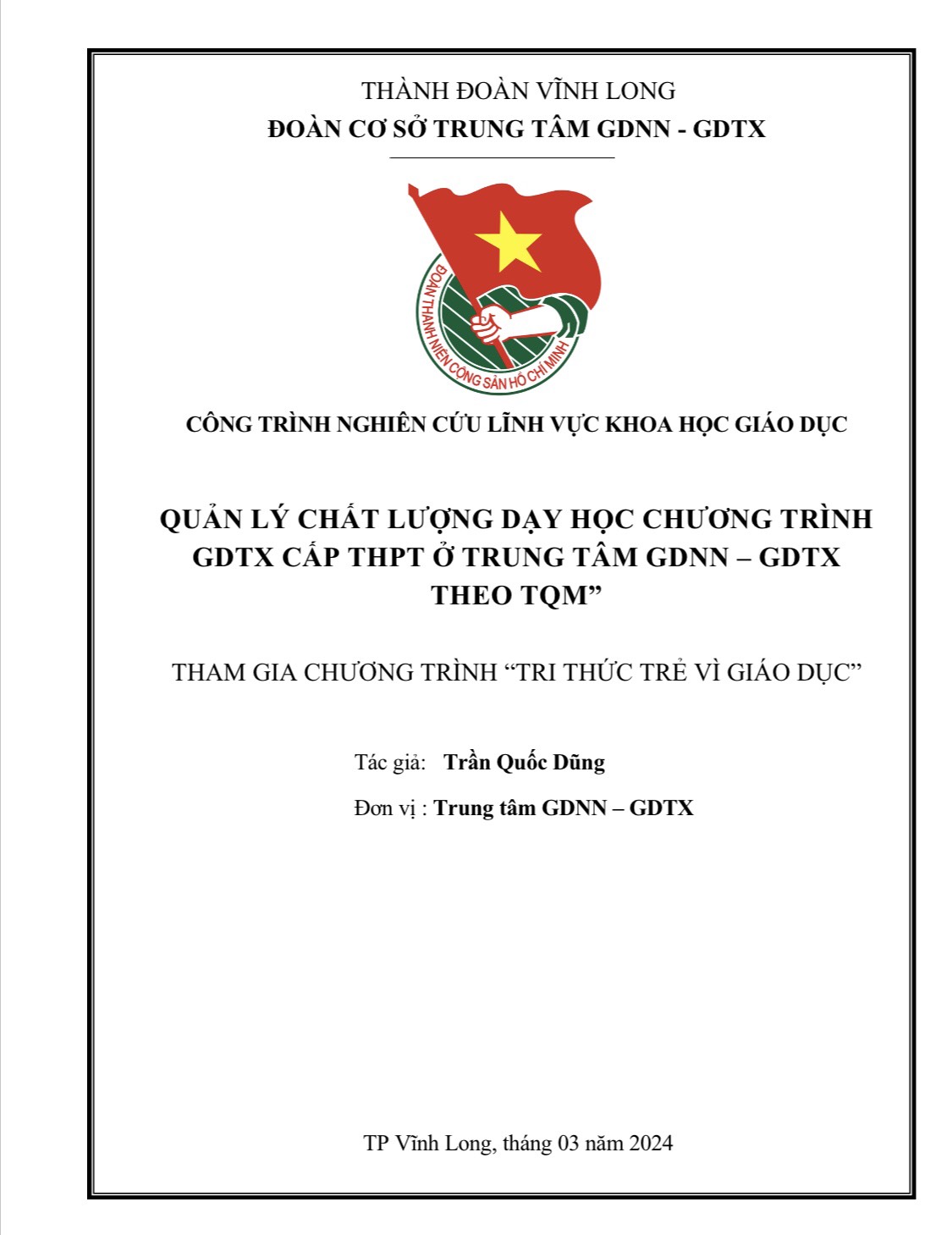 Quản lý chất lượng dạy học Chương trình GDTX cấp THPT ở Trung tâm GDNN – GDTX theo TQM